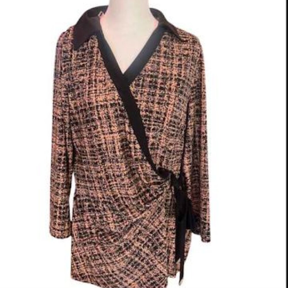 NWT Anne Klein Faux Wrap Top L Black Vicuna Multi V-Neck 3/4 Sleeve Knit